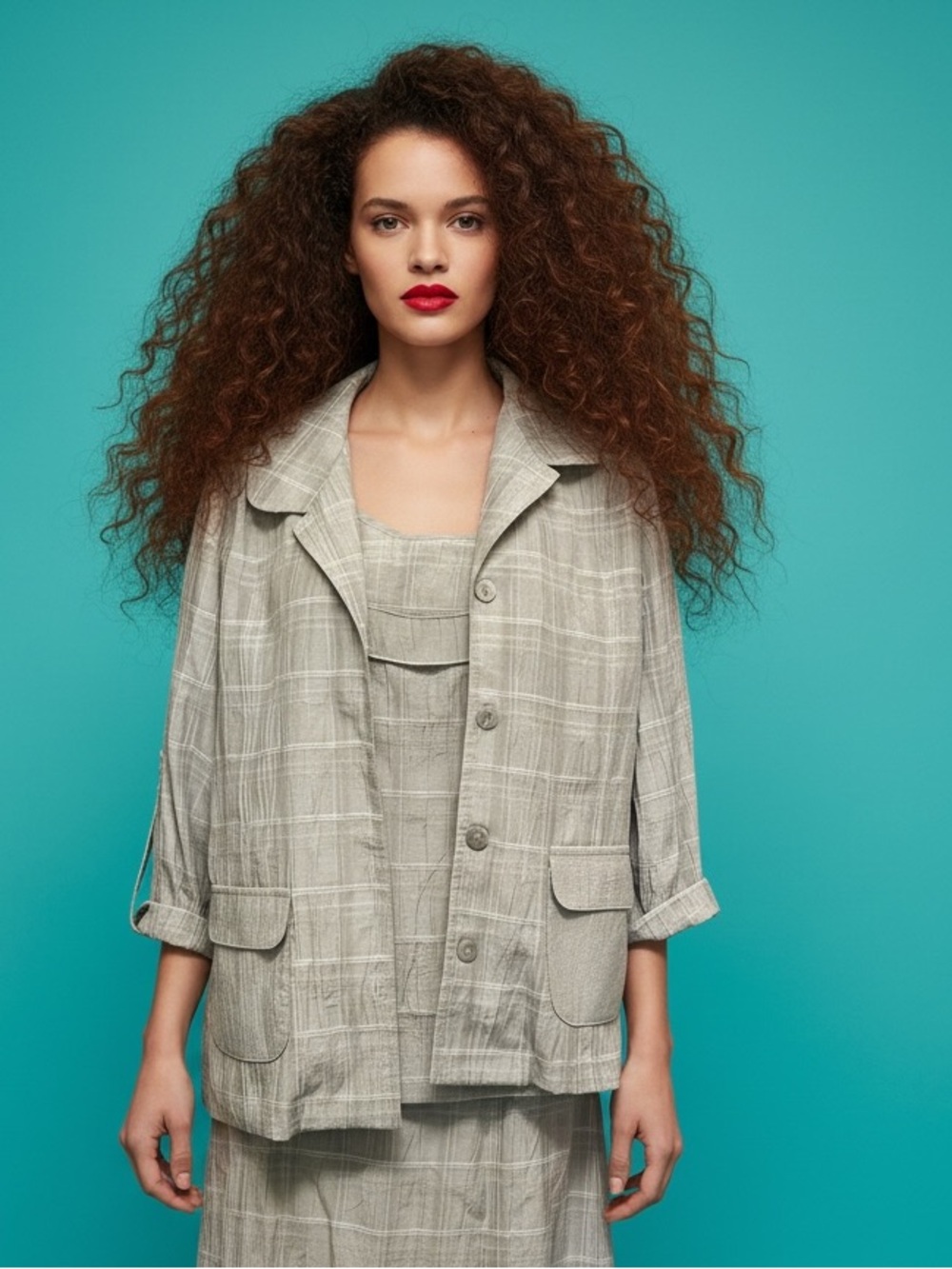 Lasania Vintage Plaid 2Pc Jacket & Tank Blouse Set Neutral Beige Tan Size 10P